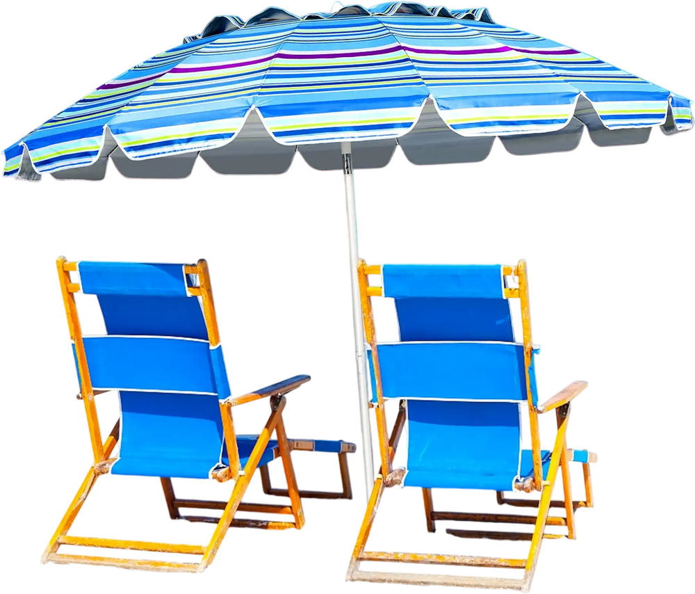 Blue 8FT portable beach umbrella with tilt mechanism and sand anchor, perfect for beach or patio relaxation.