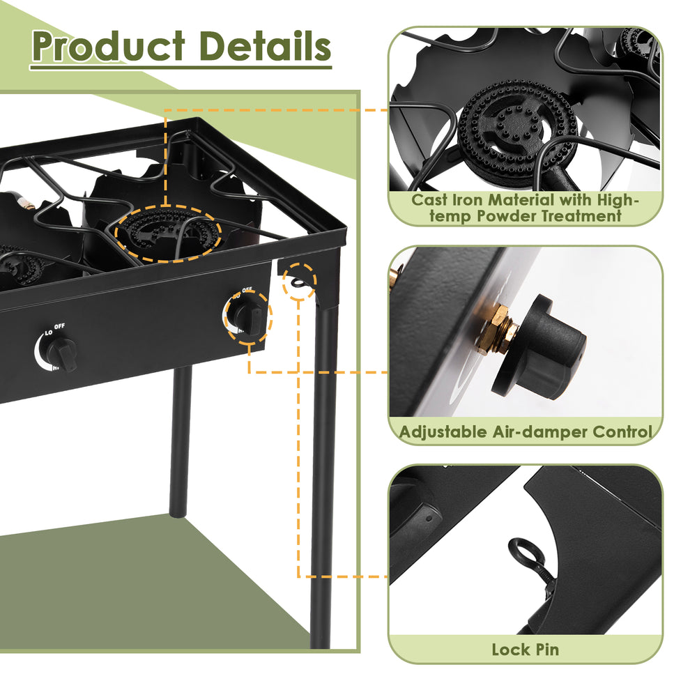 Close-up of the 225000 BTU portable propane 3 burner gas cooker, featuring cast iron construction and adjustable.
