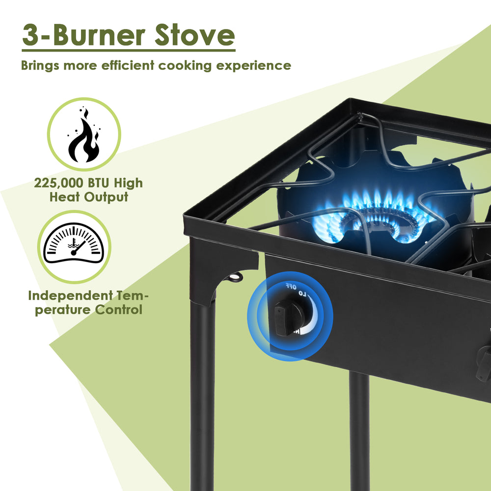 Portable propane 3-burner gas cooker with 225,000 BTU output and independent temperature control for efficient cooking.