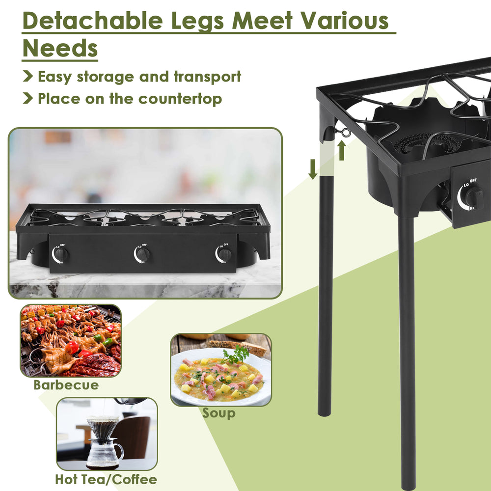 Portable propane 3 burner gas cooker with detachable legs for easy storage, ideal for barbecue and camping.
