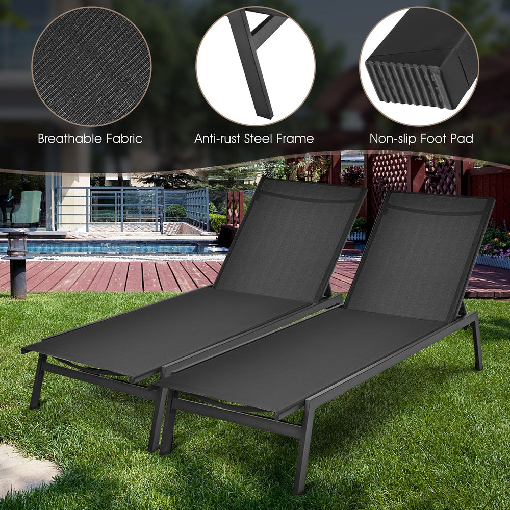 Black outdoor reclining chaise lounge chair with 6 adjustable positions, breathable fabric, and anti-rust steel frame.