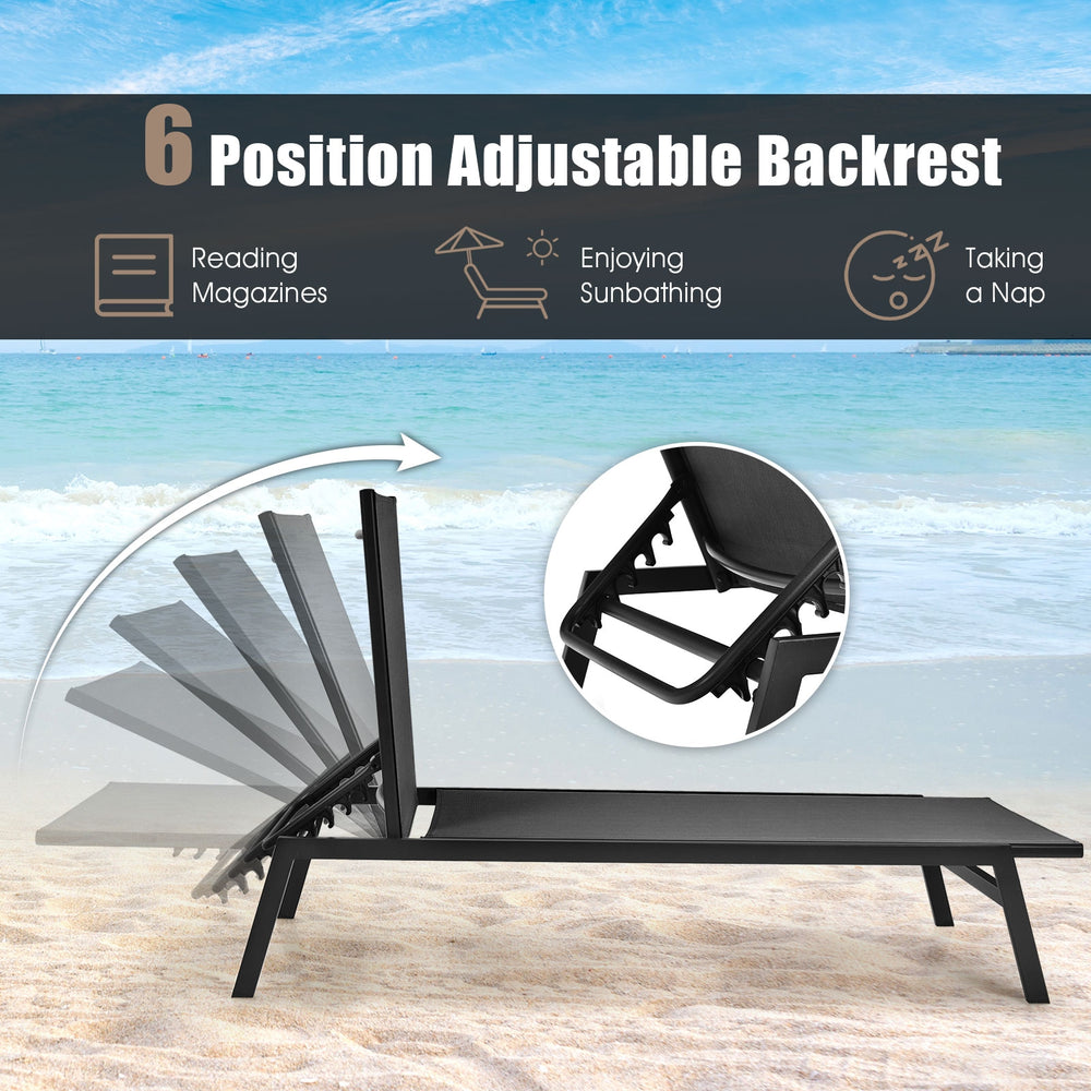 Outdoor reclining chaise lounge chair in black with 6-position adjustable backrest for patio and poolside relaxation.