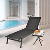 Black outdoor reclining chaise lounge chair with 6 adjustable positions, perfect for poolside relaxation.