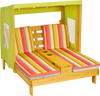 Kids patio lounge chair featuring vibrant striped cushions and protective awning, perfect for kids' outdoor relaxation.