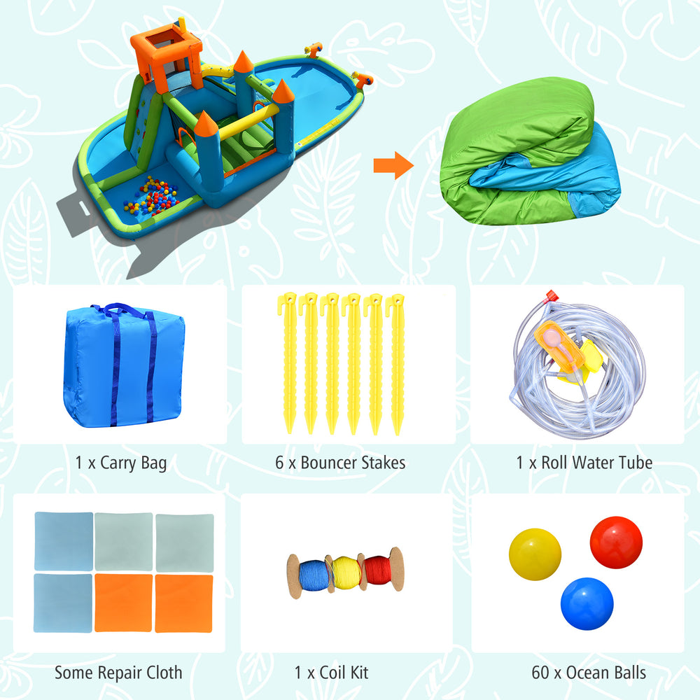 Inflatable water slide with bounce house, splash pool, and accessories for kids' outdoor fun in the yard or garden.
