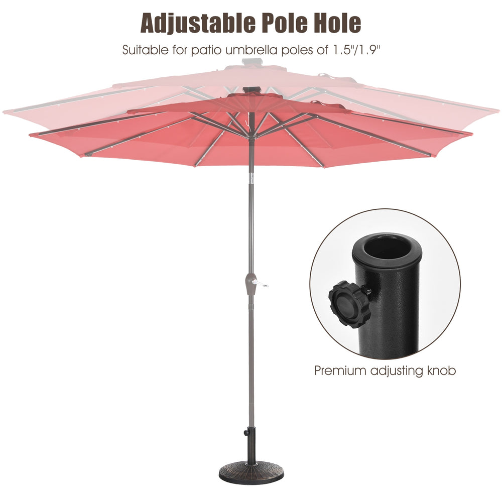 Patio resin umbrella base with wicker style, adjustable pole hole, suitable for 1.5" or 1.9" umbrella poles for outdoor.