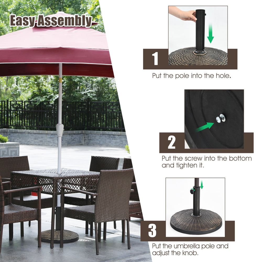 Patio resin umbrella base with wicker style, 22 lbs, adjustable knob, ideal for outdoor use in garden or poolside.