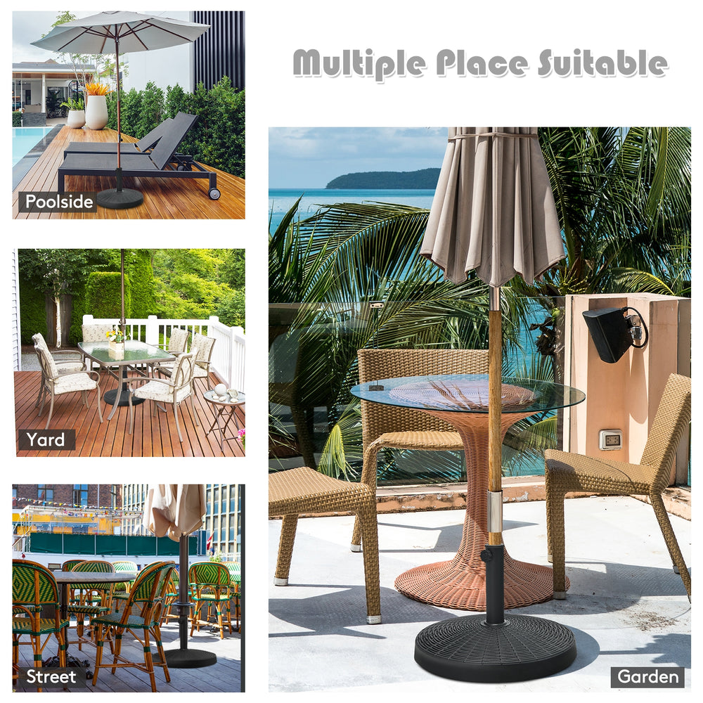 Resin umbrella base stand weighing 49 lbs, designed for stability, suitable for outdoor use in various settings.