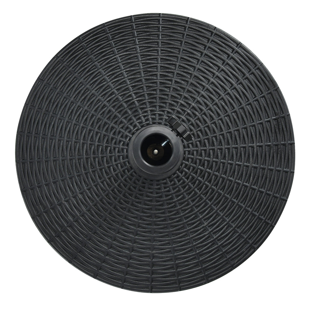 Round 49 lbs patio resin umbrella base stand with imitation rattan style, designed for stability in outdoor settings.