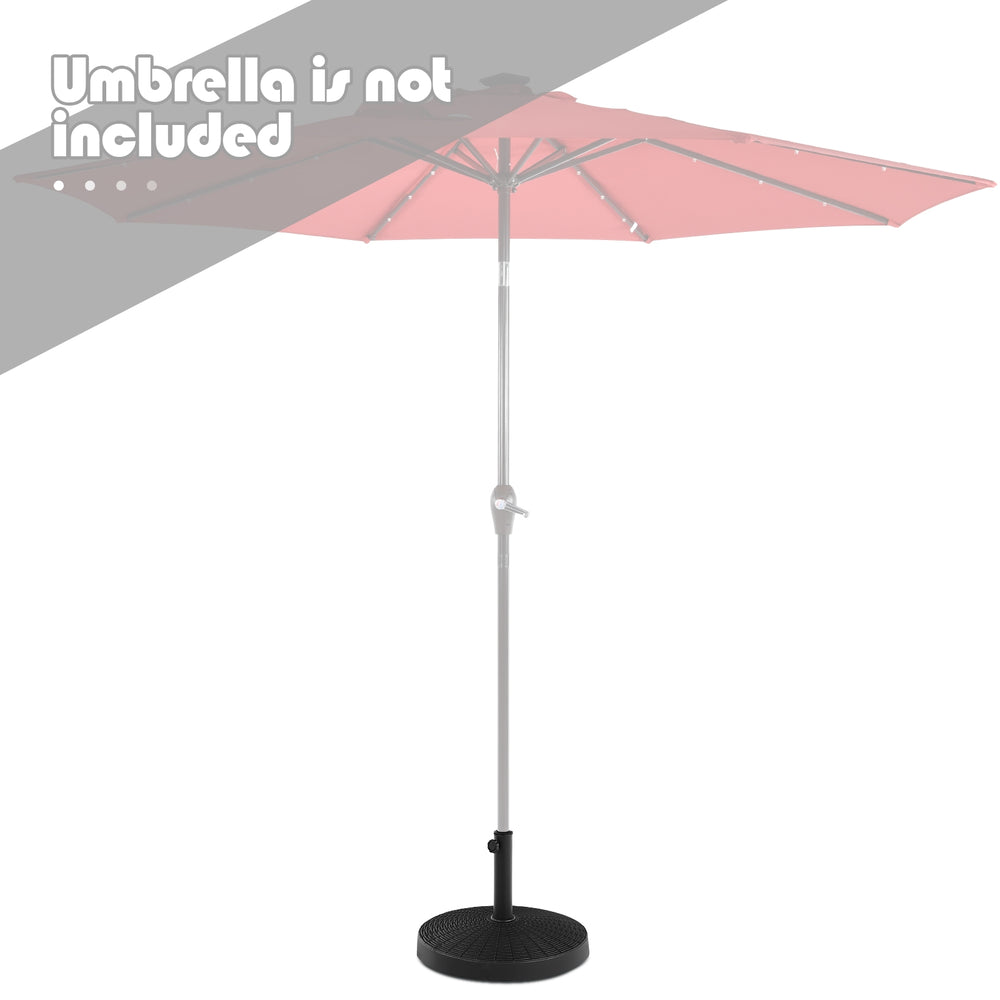 49 lbs patio resin umbrella base stand with imitation rattan style, designed for stability in windy conditions.