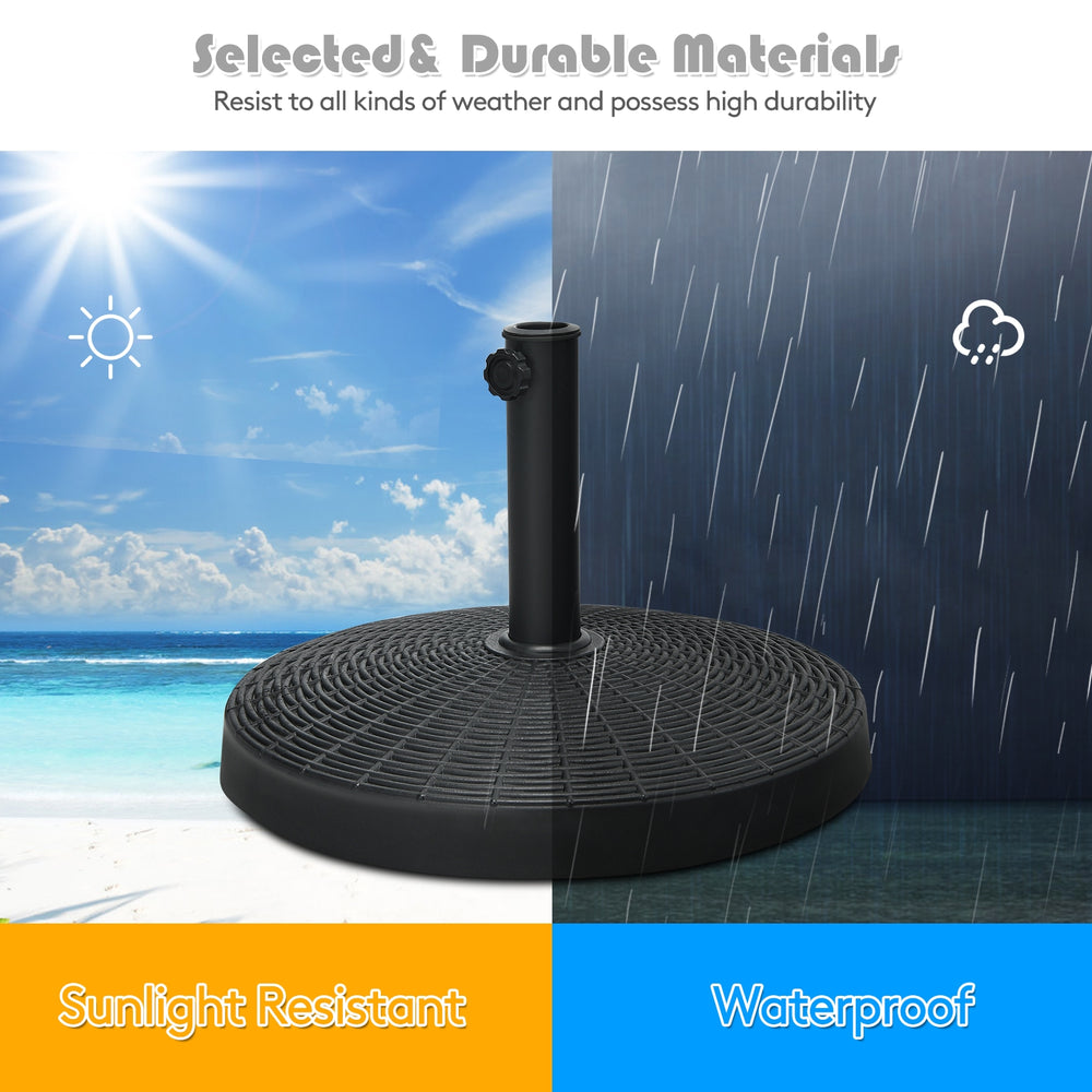Patio resin umbrella base stand weighing 49 lbs, designed for stability, with sunlight resistant and waterproof.