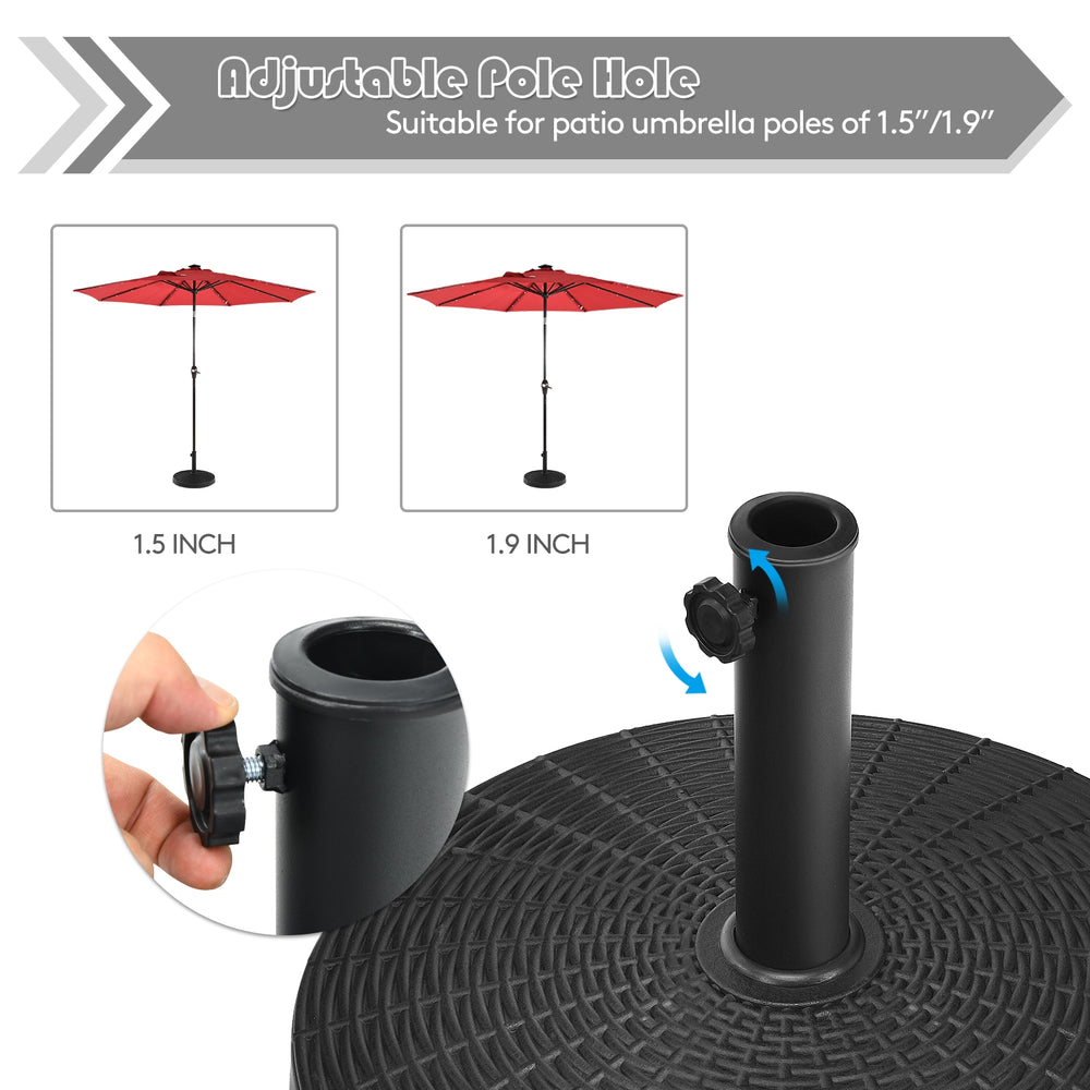 Adjustable pole hole for 1.5"/1.9" umbrella, 49 lbs patio resin umbrella base stand with imitation rattan style.