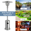 Stainless steel propane patio heater with wheels, designed for outdoor warmth in gardens, decks, and pool areas.