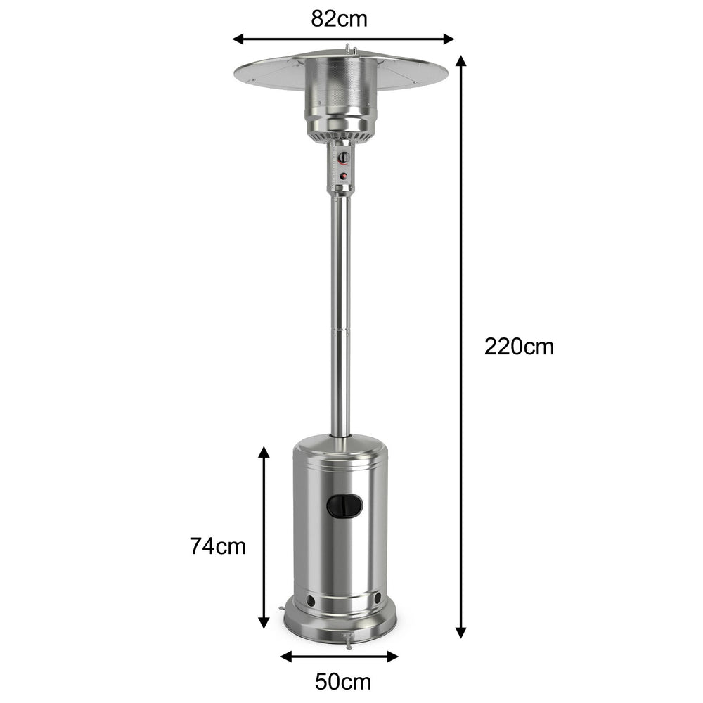 Stainless steel garden propane standing heater with wheels, 220cm tall, ideal for warming patios and outdoor spaces.