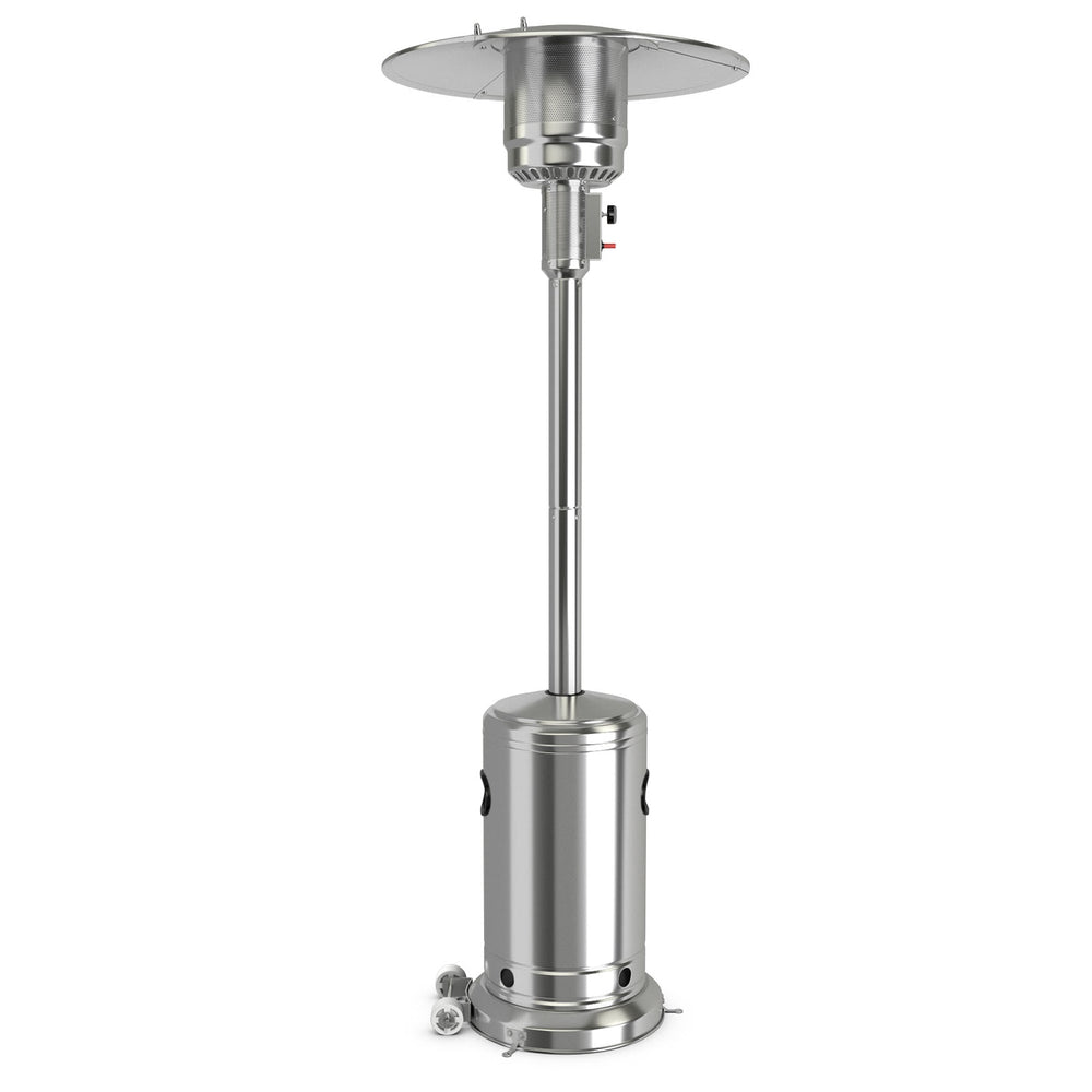 Stainless steel garden propane standing heater with wheels, designed for outdoor patios and decks, offering warmth and.