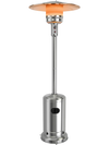 Stainless steel garden propane heater with wheels, designed for outdoor patio warmth and safety tilt shut off valve.