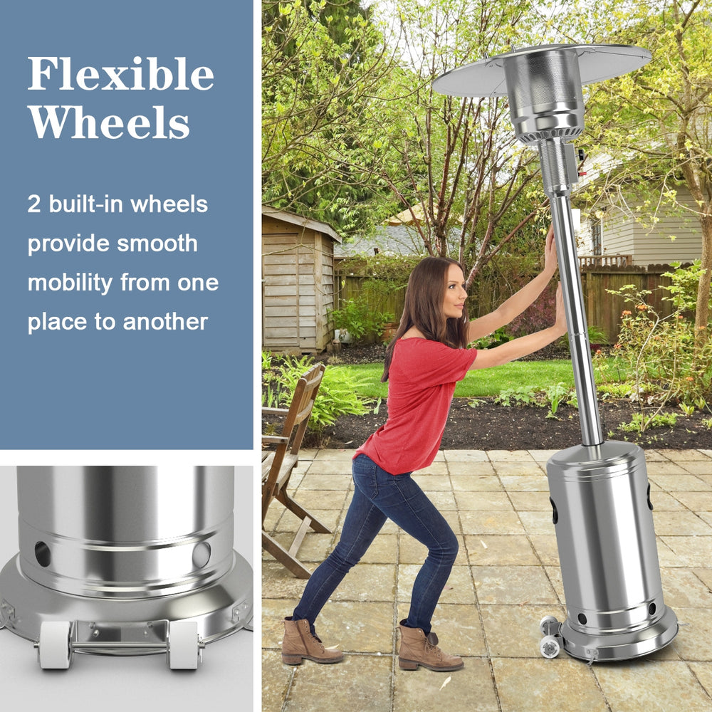 Stainless steel garden propane heater with wheels for easy mobility, perfect for warming patios and outdoor areas.