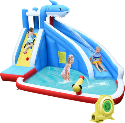 Costway 4-in-1 Inflatable Water Slide Park w/ Long Slide & 735W Blower 01642387 New