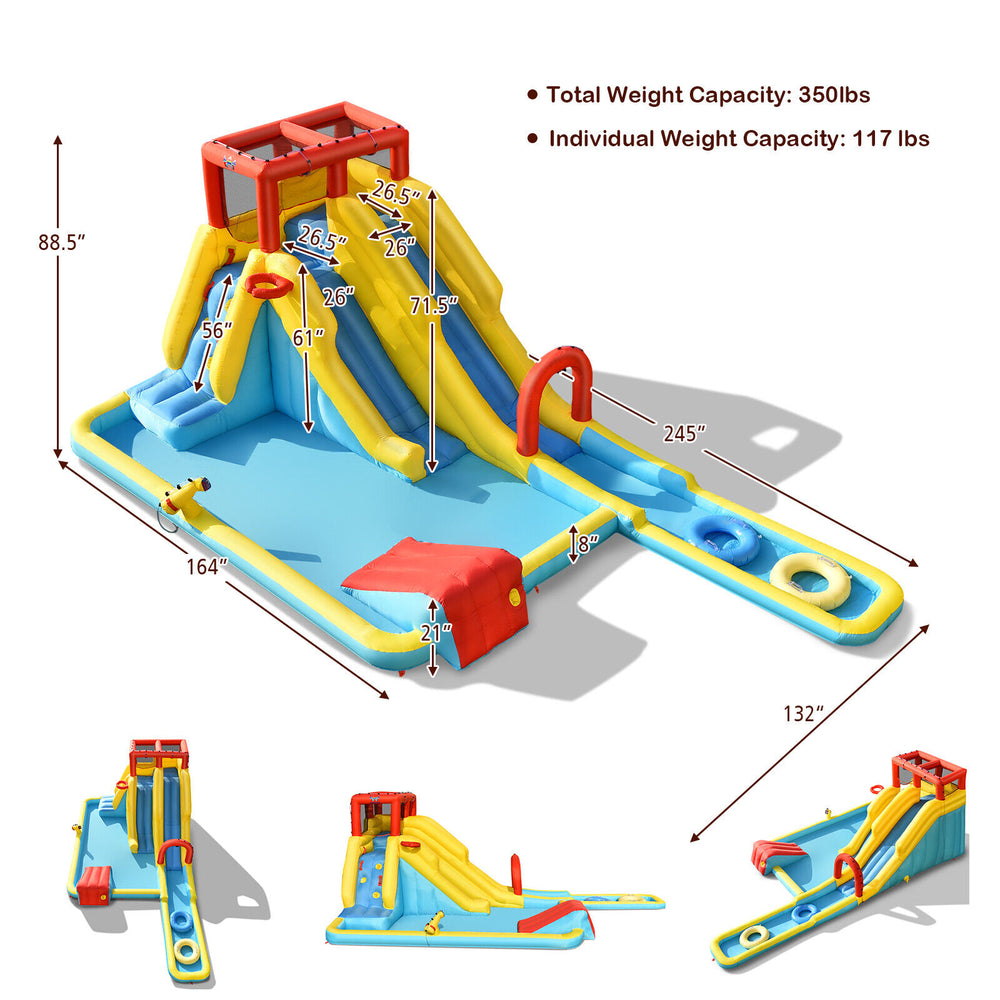 Inflatable Dual Slide Water Park features climbing wall, slides, and pool, made of durable Oxford cloth for outdoor fun.