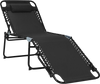 Foldable black lounge chair with adjustable backrest and footrest, ideal for beach, camping, or guest use.