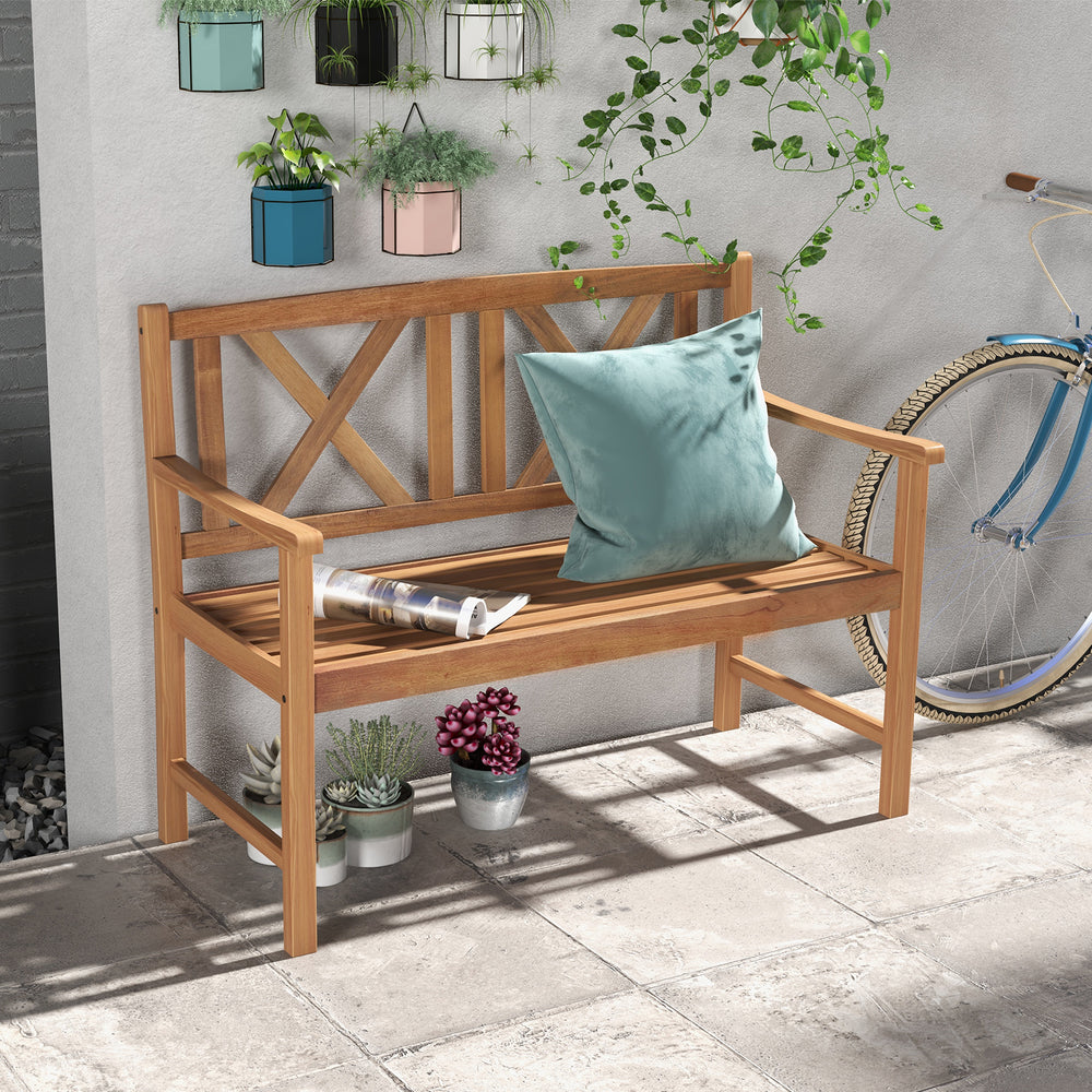2-person outdoor bench made of acacia wood with cozy armrests, slatted seat, perfect for garden or patio use.