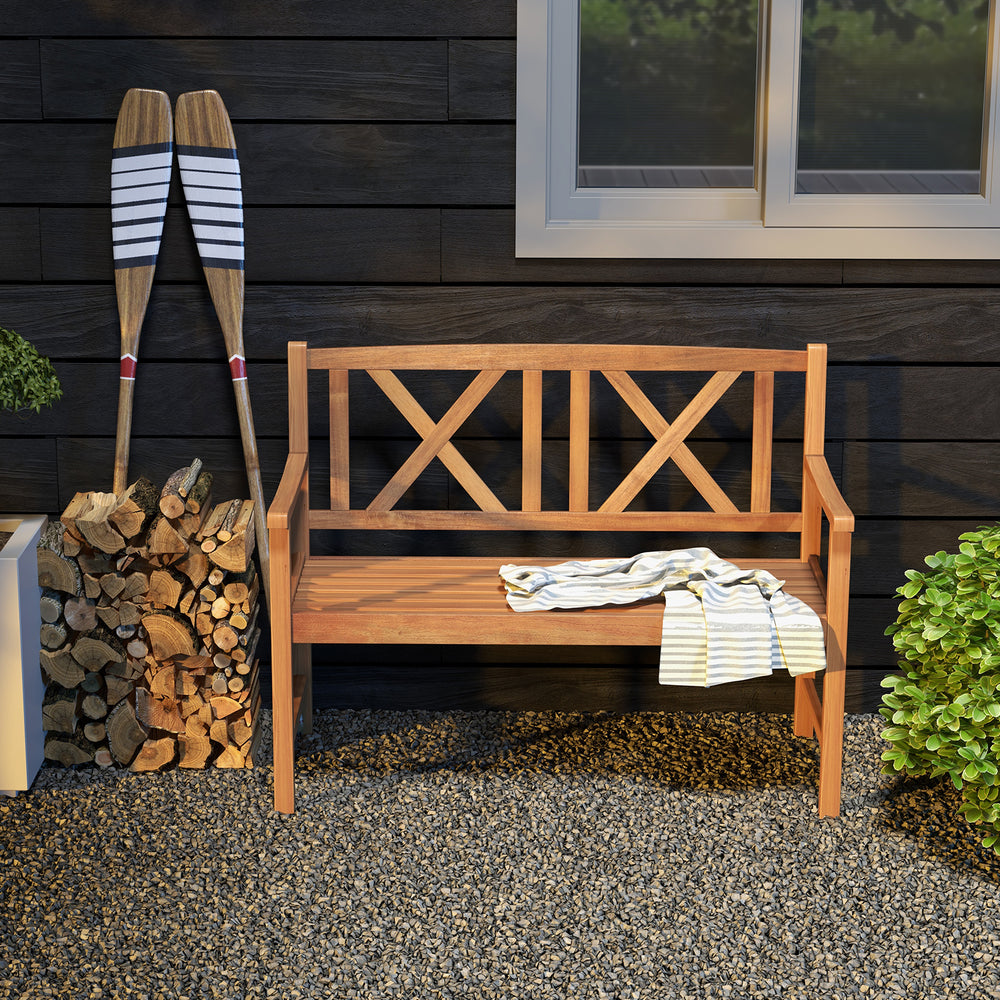 2-person acacia wood outdoor bench with cozy armrests, slatted seat design, perfect for garden or patio use.