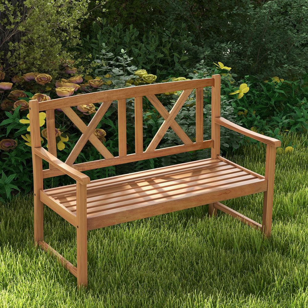 2-person acacia wood outdoor bench with cozy armrests, slatted seat, and eye-catching backrest, perfect for gardens.