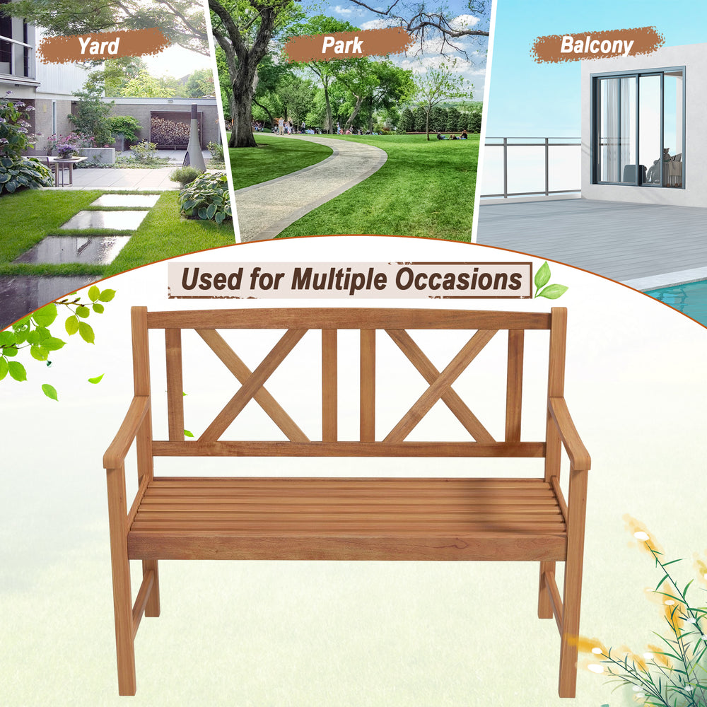 2-person outdoor bench made of acacia wood with cozy armrests, suitable for garden, patio, or balcony use.