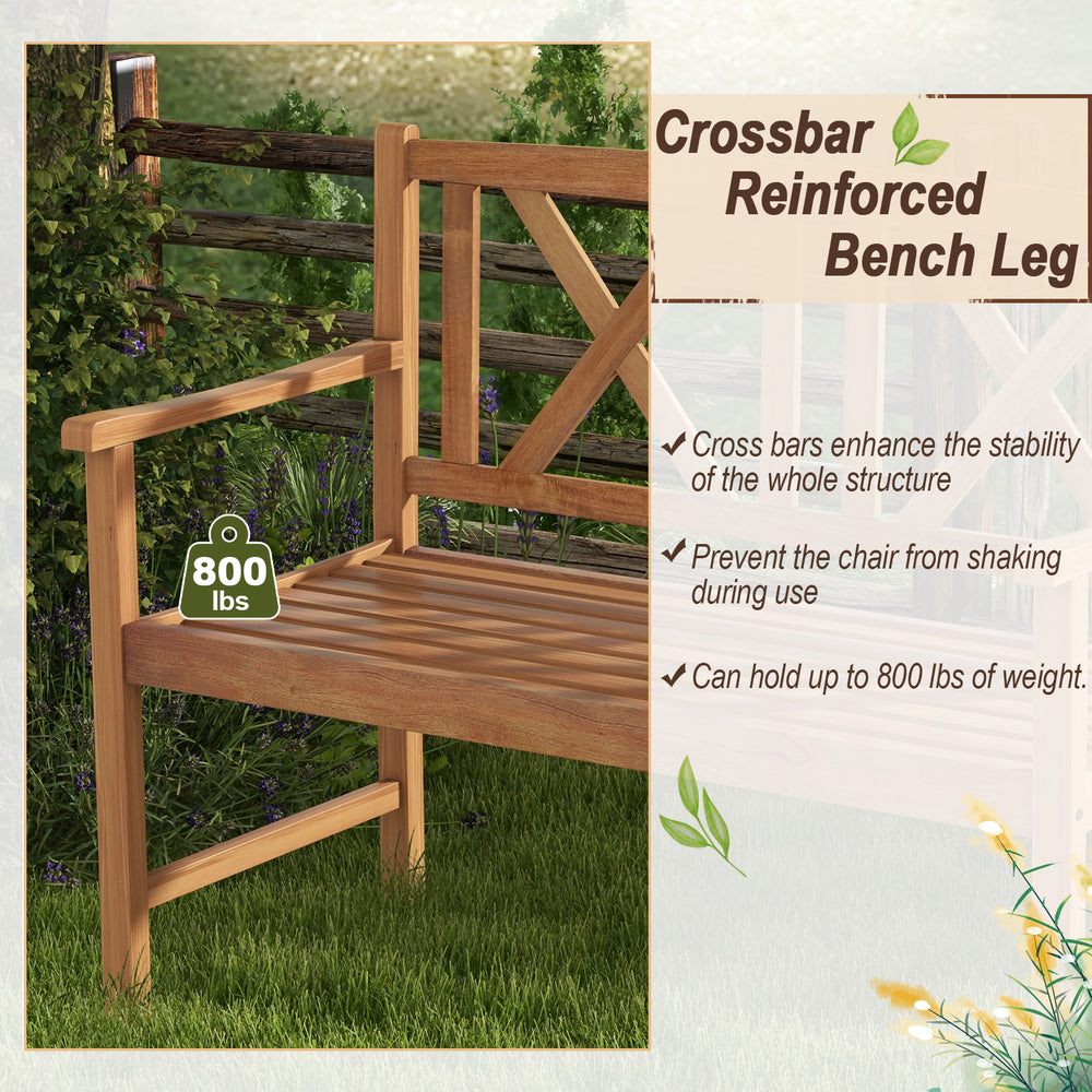 2-person wood outdoor bench with cozy armrests, made of acacia wood, supports up to 800 lbs, ideal for garden or patio.
