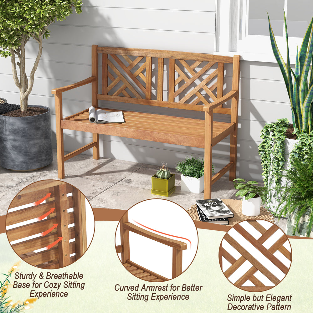 2-person wooden outdoor bench with curved armrests, slatted seat design, and decorative backrest for garden or patio.