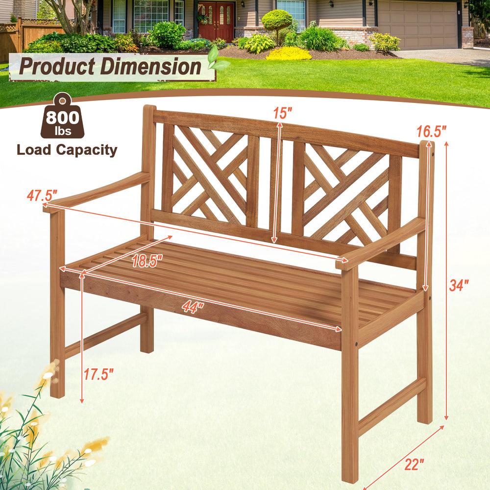 2-person wooden outdoor bench with cozy armrests, slatted seat design, and acacia wood, suitable for garden or patio.