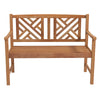 2-person wooden outdoor bench with cozy armrests, slatted seat, and attractive backrest patterns for garden or patio.