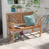 2-person wooden outdoor bench with cozy armrests, slatted seat design, and attractive backrest pattern for patio use.