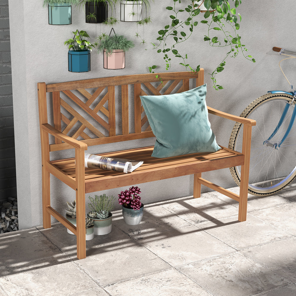 2-person wooden outdoor bench with cozy armrests, slatted seat design, and attractive backrest pattern for patio use.
