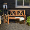 2-person wooden outdoor bench with cozy armrests, slatted seat design, and attractive backrest patterns for garden use.