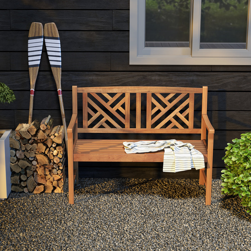 2-person wooden outdoor bench with cozy armrests, slatted seat design, and attractive backrest patterns for garden use.