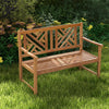 2-person wooden outdoor bench with slatted seat, cozy armrests, and attractive backrest patterns for garden or patio.