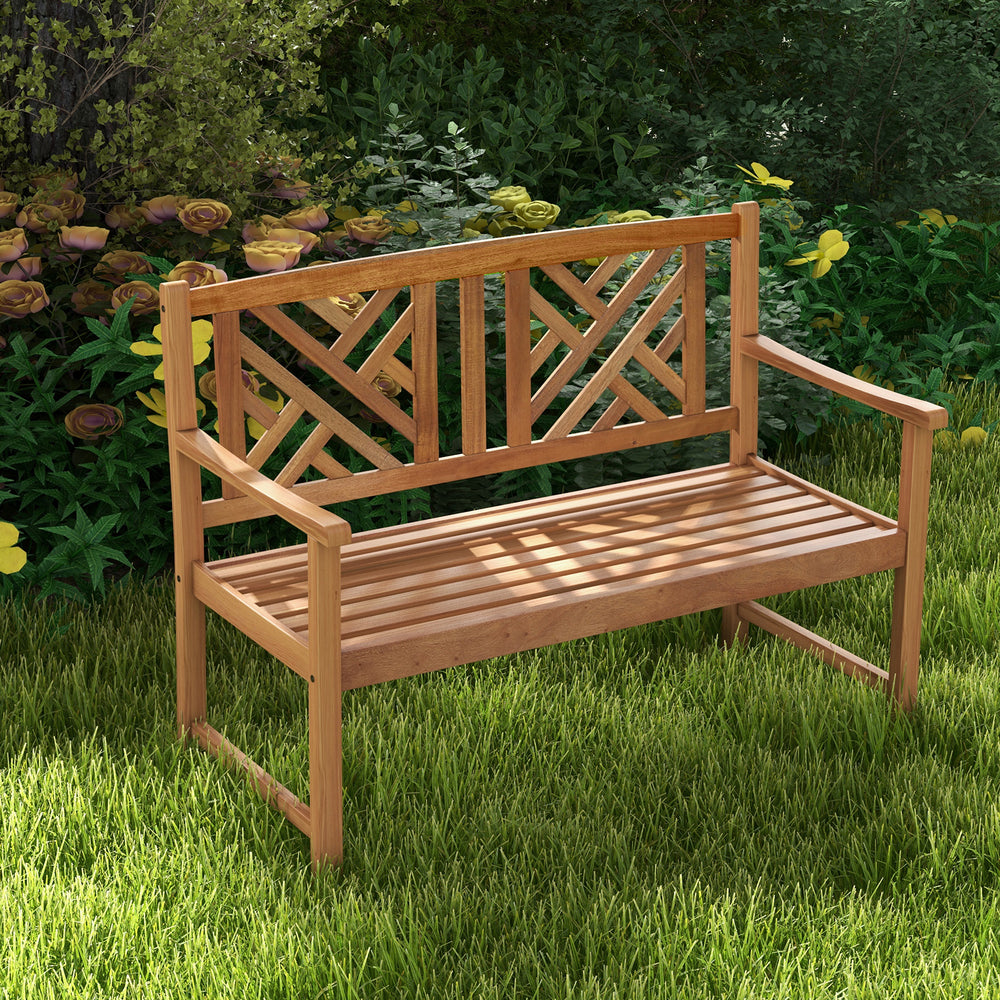 2-person wooden outdoor bench with slatted seat, cozy armrests, and attractive backrest patterns for garden or patio.