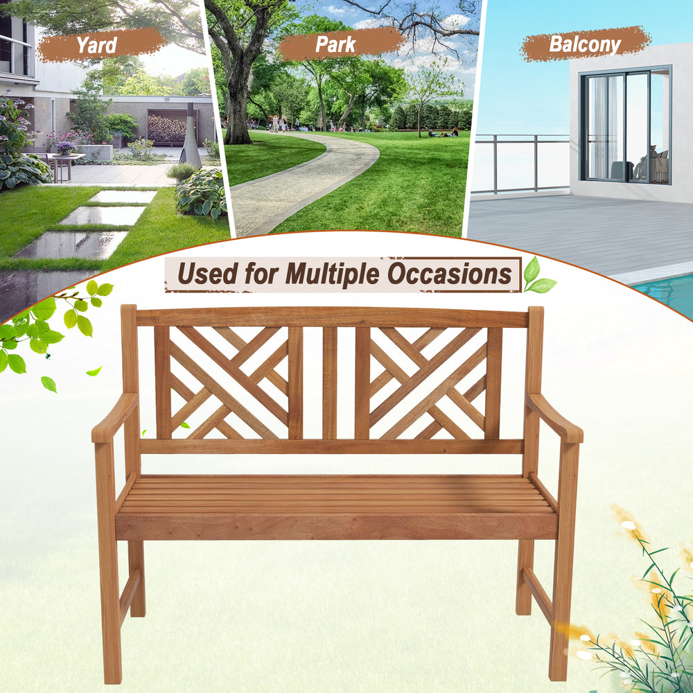 2-person wooden outdoor bench with cozy armrests, made of acacia wood, suitable for garden or patio use.