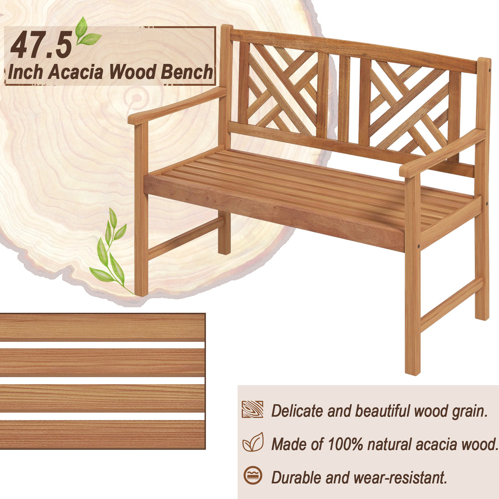 2-person outdoor bench with cozy armrests, made of acacia wood, featuring slatted design for air circulation, ideal for.