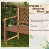 2-person wooden outdoor bench with cozy armrests, made of acacia wood, supports up to 800 lbs for garden or patio use.