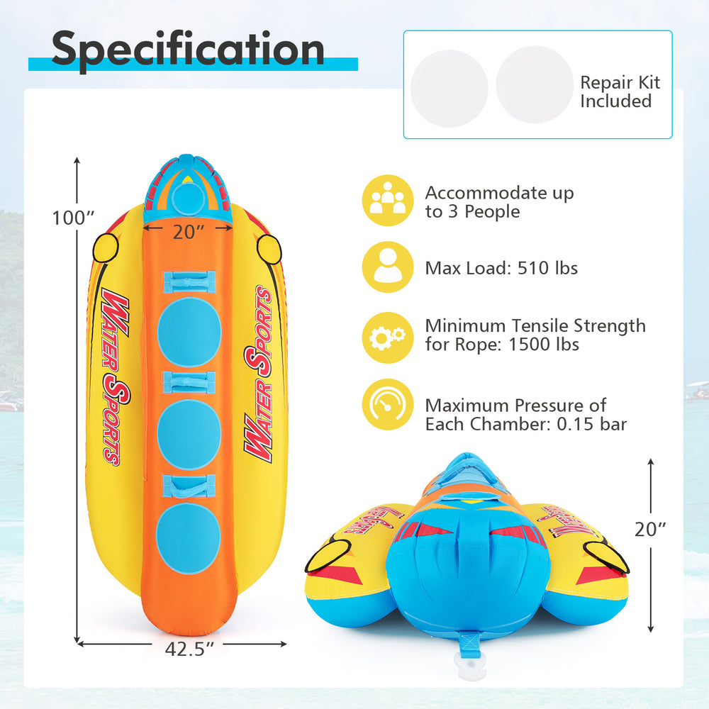 3-person inflatable banana boat with EVA-padded seats, designed for safety and quick storage, ideal for water sports.