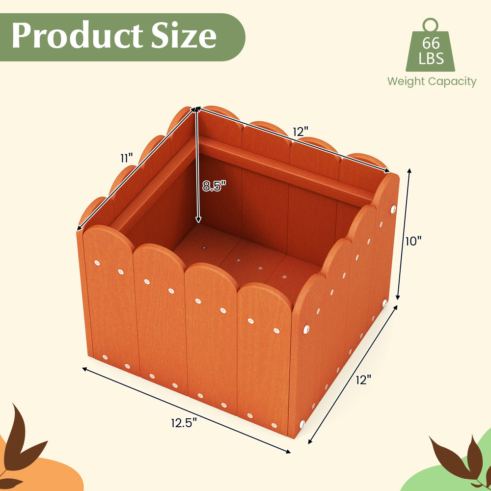 Square orange planter box with drainage gaps, 12.5" x 12" x 10", ideal for outdoor gardening and indoor decoration.