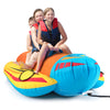 Three-person inflatable banana boat with EVA-padded seats, bright colors, and handles for safe water fun.