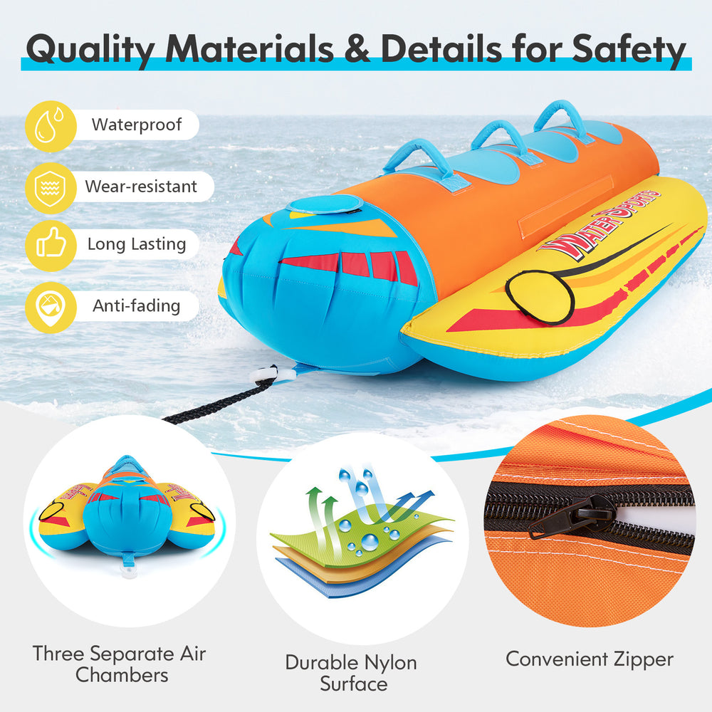 Inflatable banana boat for three with EVA-padded seats, durable nylon surface, and convenient zipper for easy storage.
