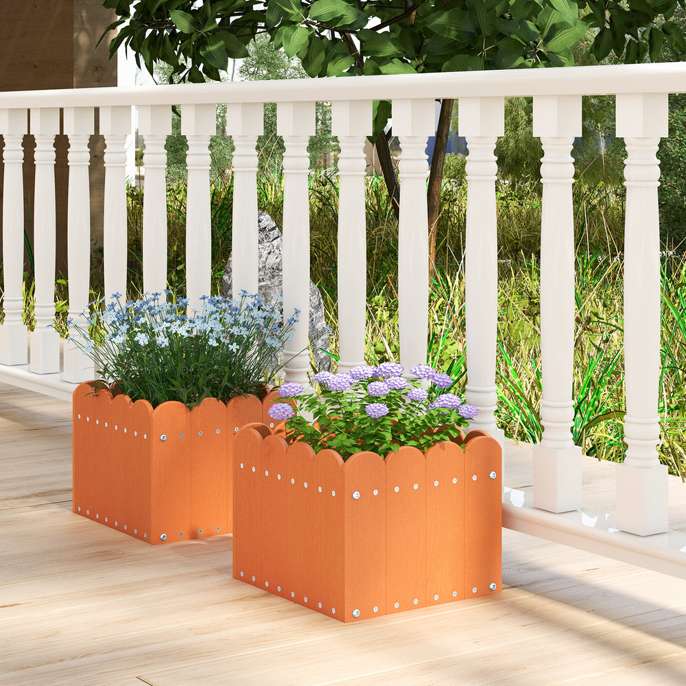 Square orange planter boxes with drainage gaps, perfect for flowers and vegetables on a front porch or balcony.