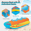 3-person inflatable banana boat with EVA-padded seats, handles, and boarding straps for safe water fun.