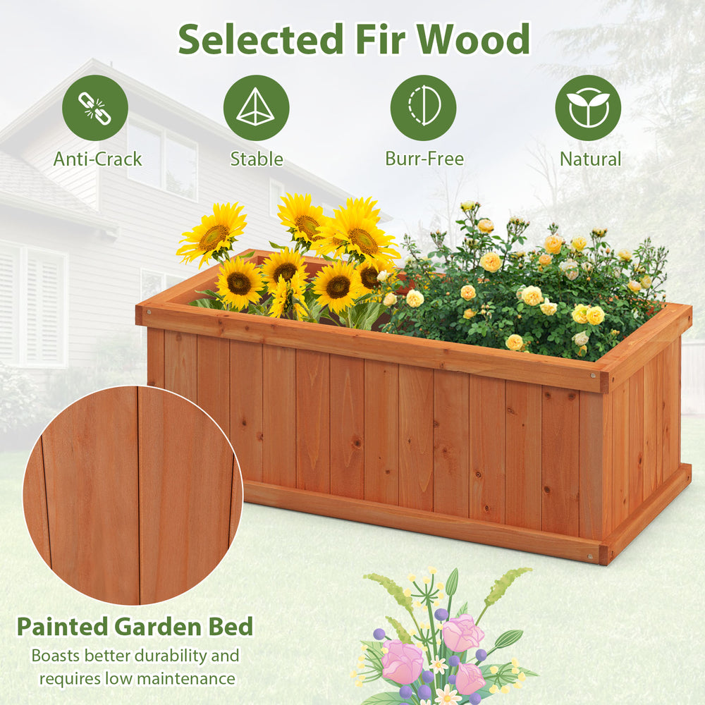 Raised garden bed planter box made of selected fir wood, featuring 4 drainage holes and detachable bottom panels for.