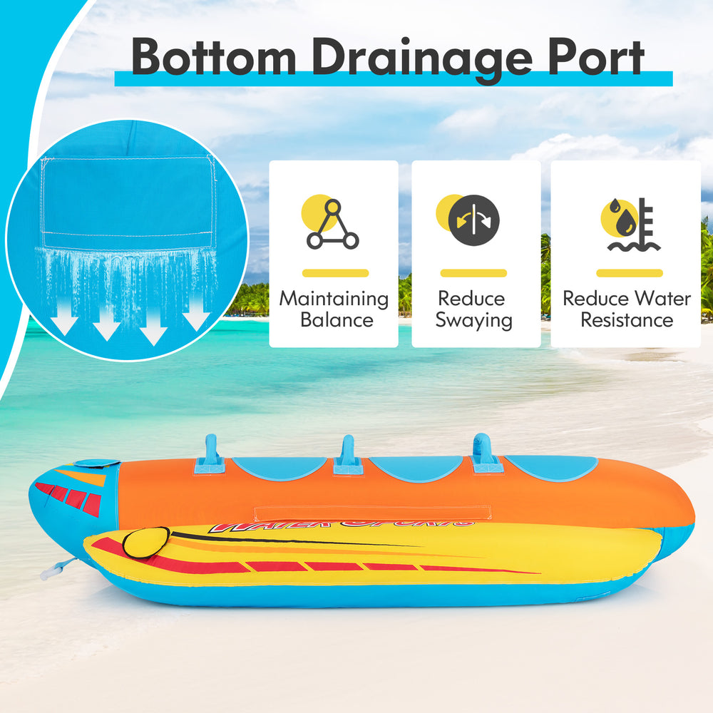 3-person inflatable banana boat with EVA-padded seats, handles, and bottom drainage port for reduced water resistance.