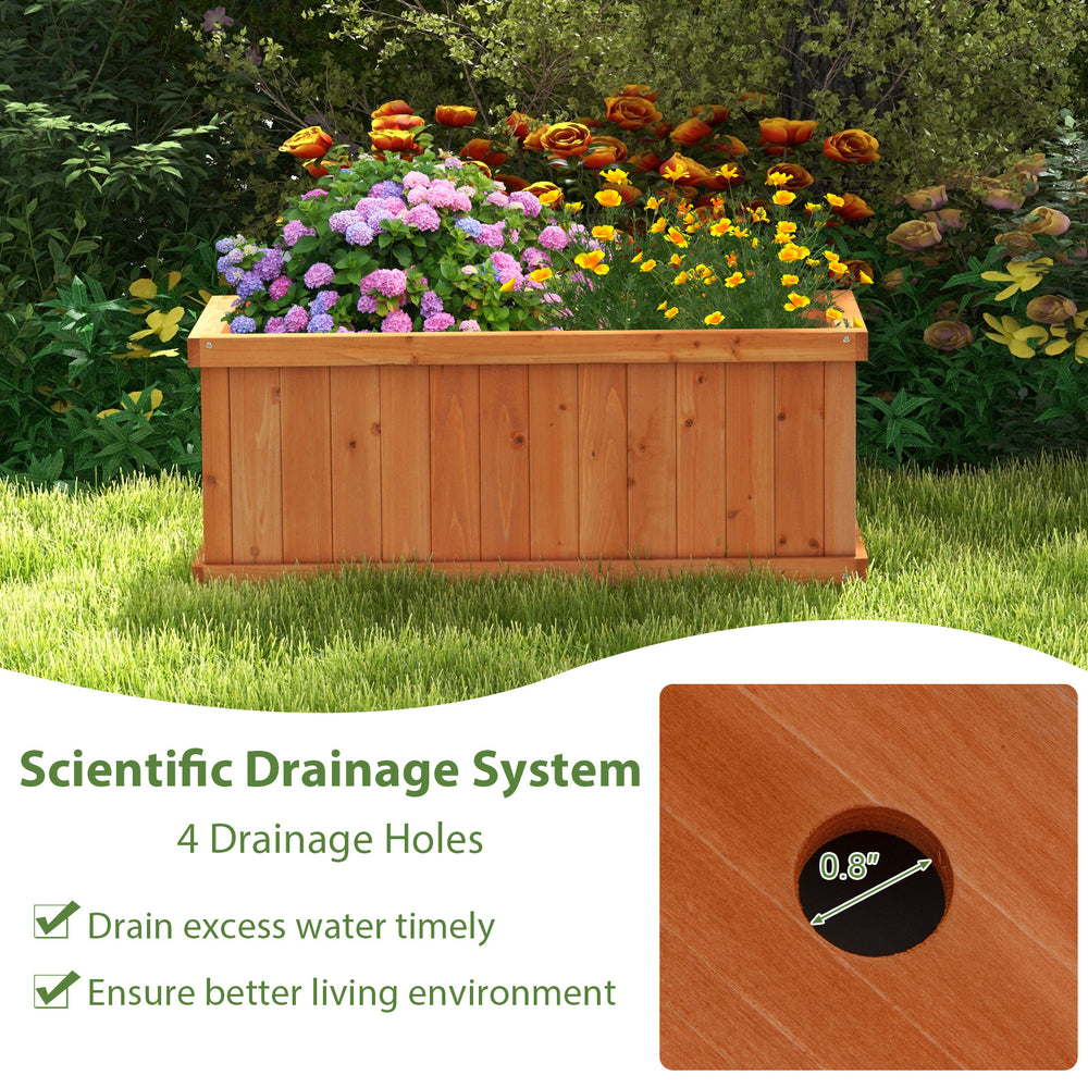 Raised wooden planter box with 4 drainage holes, featuring detachable bottom panels for versatile indoor and outdoor.